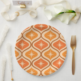 Mid Century Atomic Starbursts on Orange  Ogee  Paper Plates