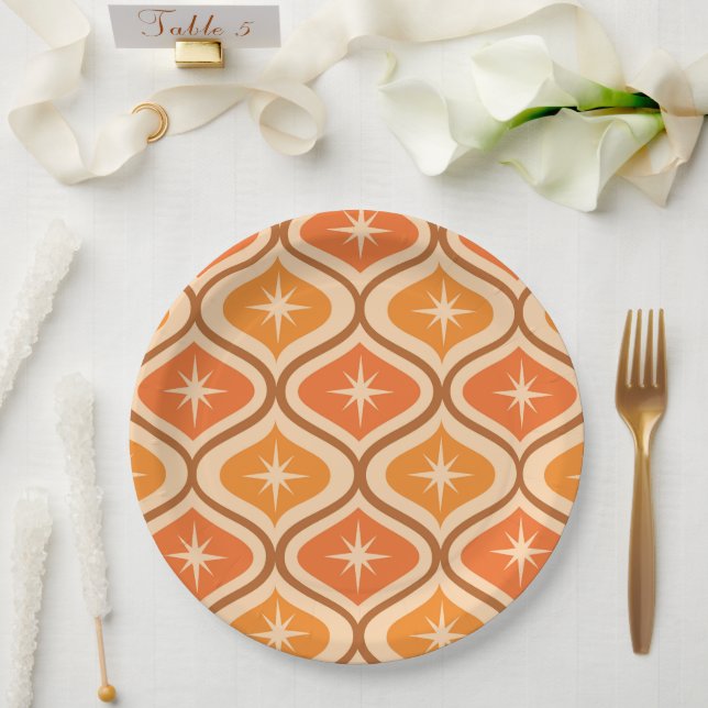 Mid Century Atomic Starbursts on Orange  Ogee  Paper Plates (Wedding)