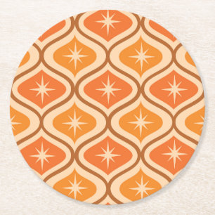 Mid Century Atomic Starbursts on Orange Ogee Round Paper Coaster