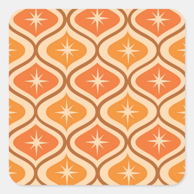 Mid Century Atomic Starbursts on Orange  Ogee  Square Sticker (Front)