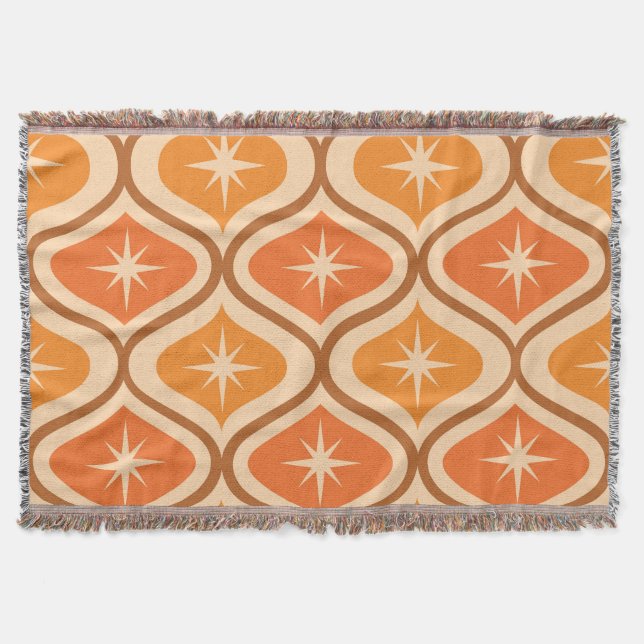 Mid Century Atomic Starbursts on Orange  Ogee  Throw Blanket (Front)