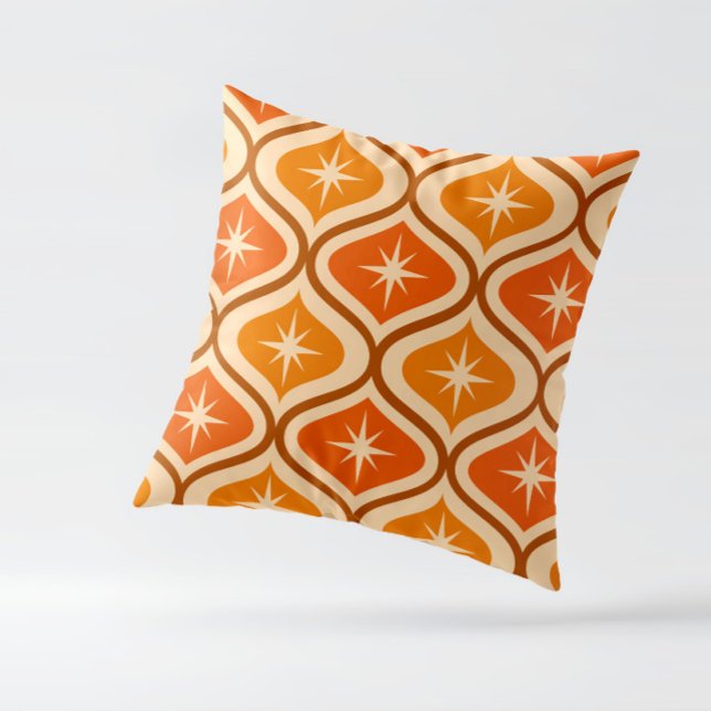 Mid Century Atomic Starbursts on Orange  Ogee  Throw Pillow (mid century starbursts on orange and amber ogee throw pillow )