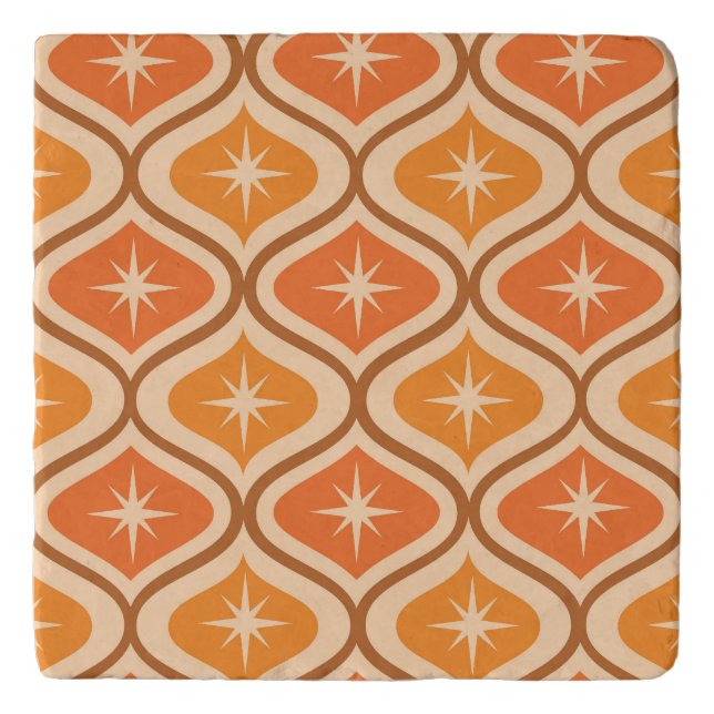Mid Century Atomic Starbursts on Orange  Ogee  Trivet (Front)