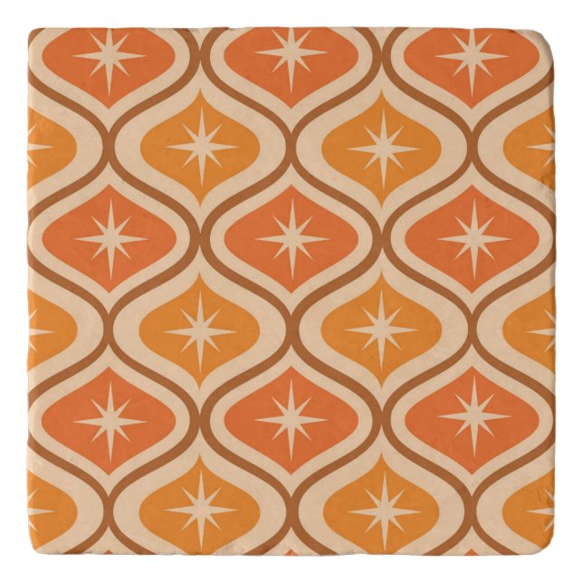 Mid Century Atomic Starbursts on Orange  Ogee  Trivet (Front)