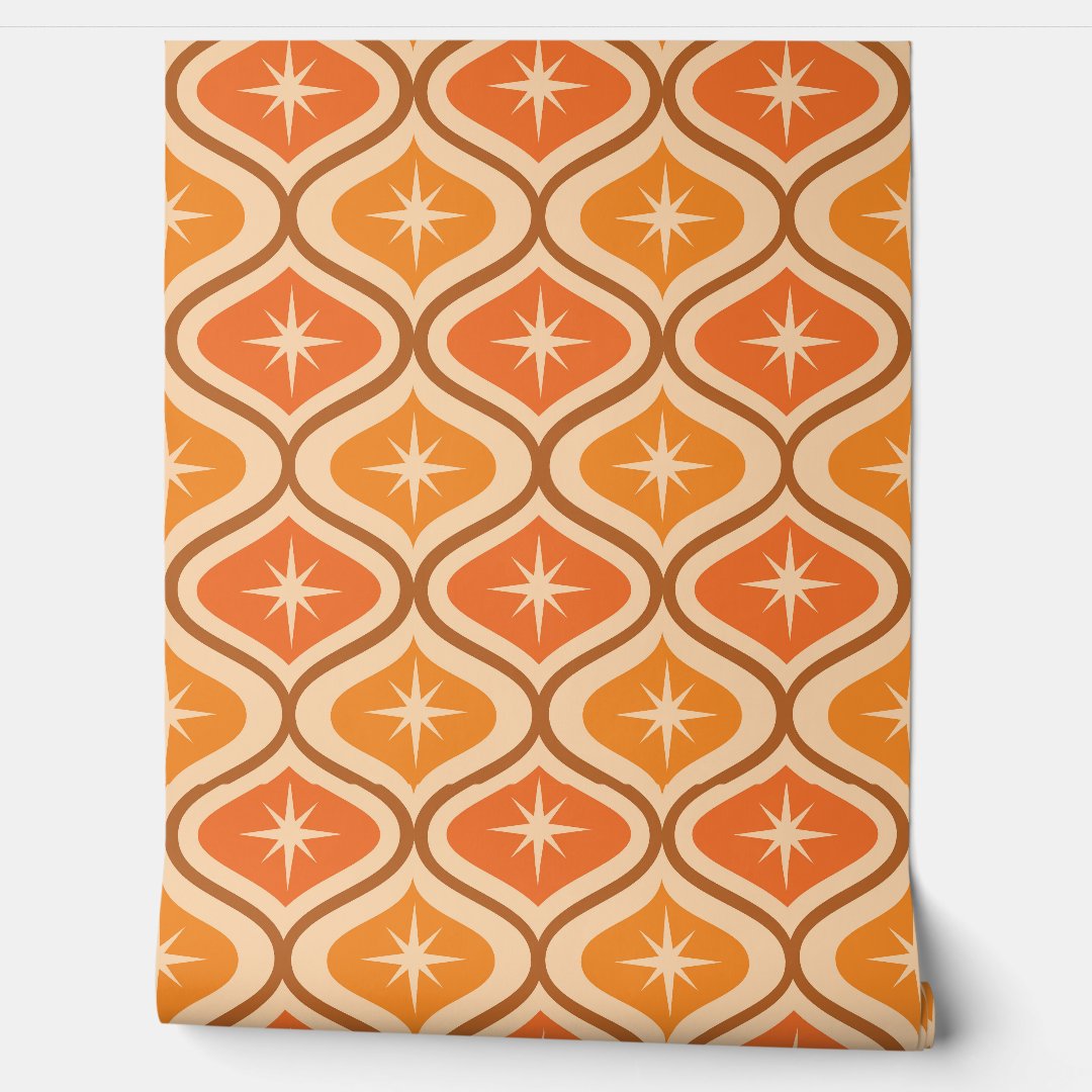 Mid Century Atomic Starbursts on Orange Ogee Wallpaper