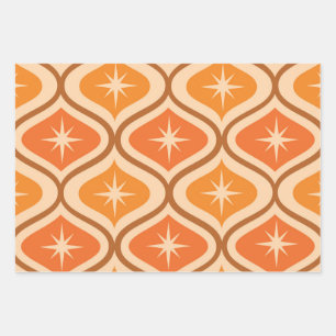 Mid Century Atomic Starbursts on Orange  Ogee  Wrapping Paper Sheets