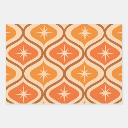 Mid Century Atomic Starbursts on Orange  Ogee  Wrapping Paper Sheets