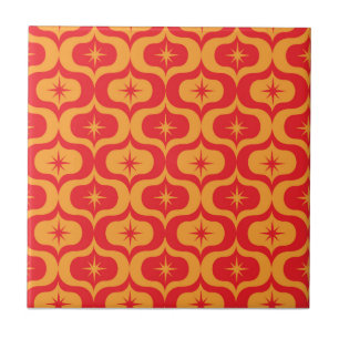 Mid Century Atomic Starbursts on Red Orange Ogee Ceramic Tile