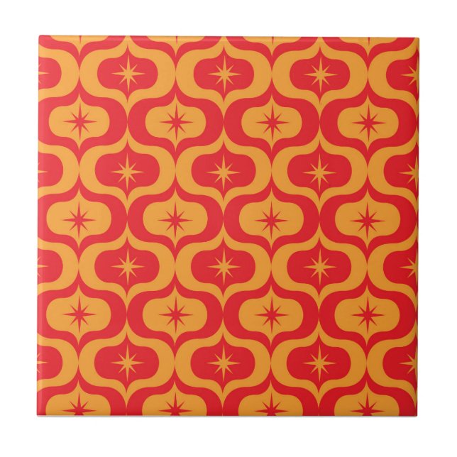 Mid Century Atomic Starbursts on Red Orange Ogee  Ceramic Tile (Front)