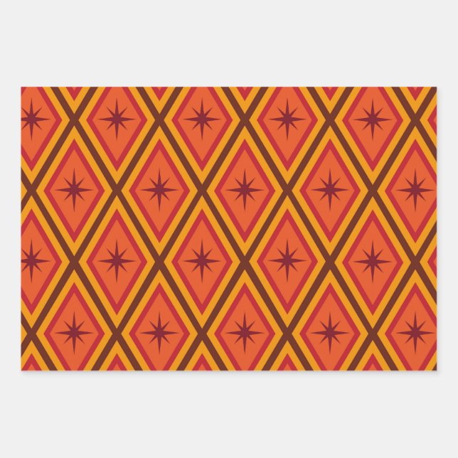 Mid Century Atomic Starbursts on retro diamonds  Wrapping Paper Sheets (Front)
