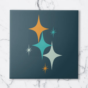 Mid Century Atomic Stars Dark Teal Aqua Orange Ceramic Tile