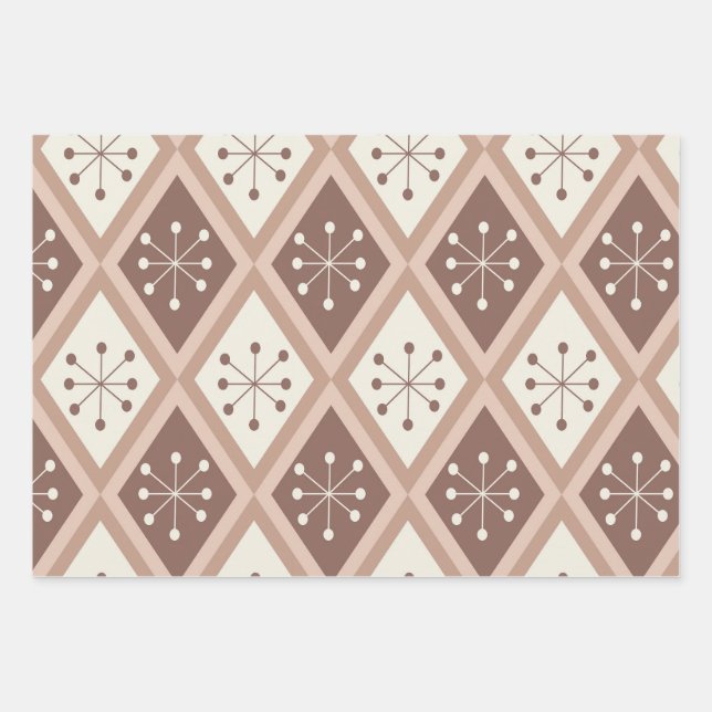 Mid Century Atomic Stars on Mocha Mousse Diamonds  Wrapping Paper Sheets (Front)