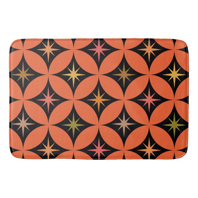 Mid Century Atomic Stars on Orange Circles Bath Mat (Front)