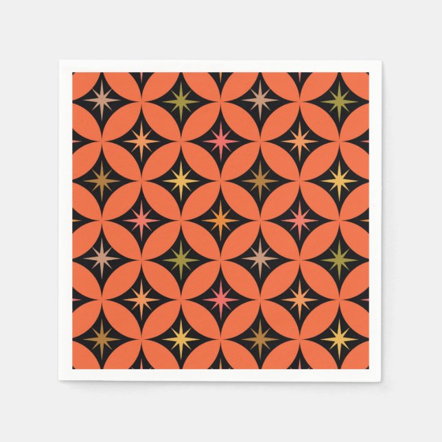 Mid Century Atomic Stars on Orange Circles Napkins (Front)