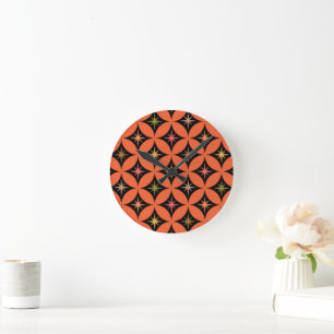 Mid Century Atomic Stars on Orange Circles Round Clock