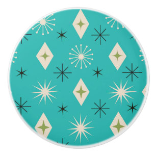 Mid Century Atomic Stars with diamonds on Teal Ceramic Knob