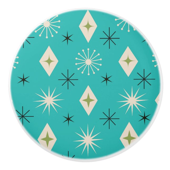 Mid Century Atomic Stars with diamonds on Teal  Ceramic Knob (Front)
