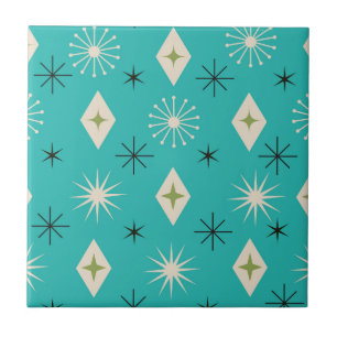 Mid Century Atomic Stars with diamonds on Teal Ceramic Tile
