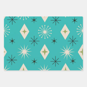Mid Century Atomic Stars with diamonds on Teal Wrapping Paper Sheets