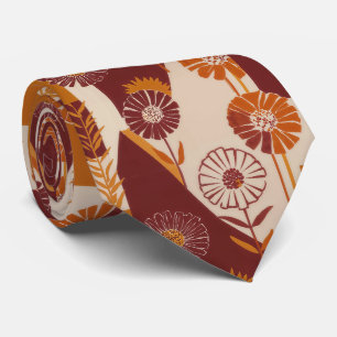 Mid Century Autumn Floral Geometric Pattern Neck Tie