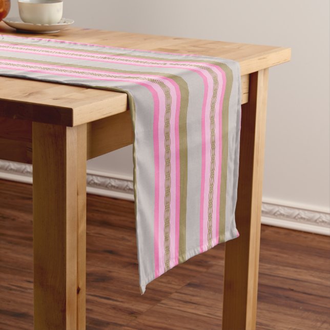 Mid-Century awning stripe - grey / gray, pink, tan Short Table Runner (In Situ)