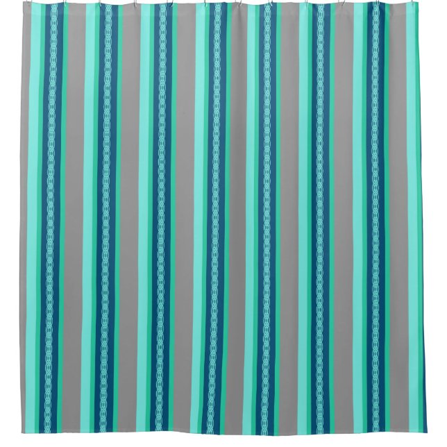 Mid-Century Awning Stripe, Turquoise and Gray Shower Curtain (Front)