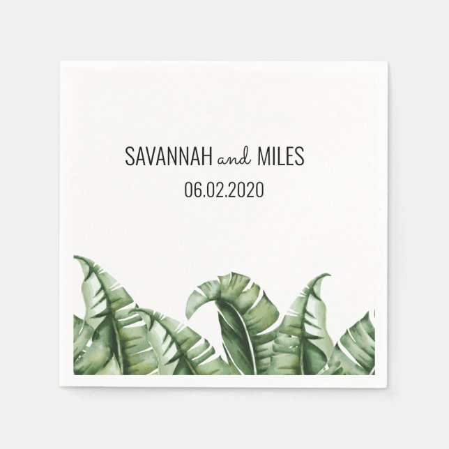 Mid Century Banana Leaf Wedding Cocktail Napkins (Front)