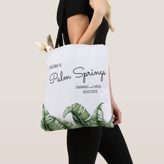 Mid Century Banana Leaf Wedding Welcome Tote Bag (Close Up)