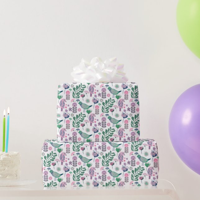 Mid Century Birds and Flowers Pattern Purple  Wrapping Paper (Party Gifts)