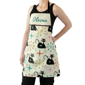 Mid Century Black Atomic Cat and Starbursts Name  Apron