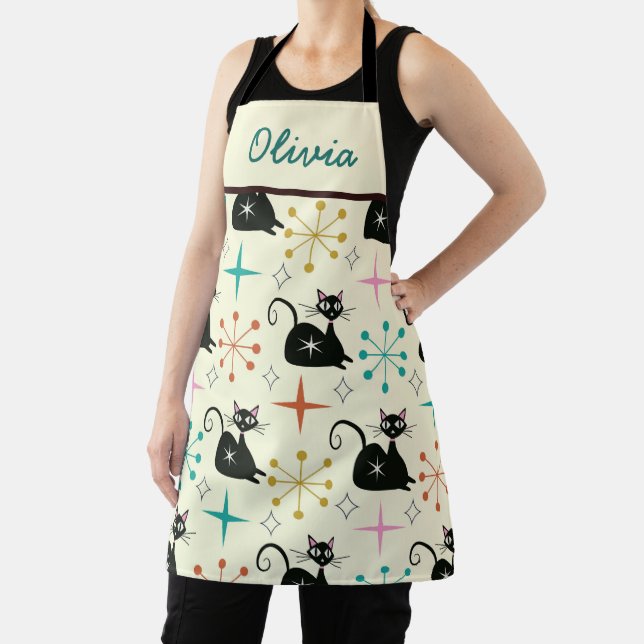 Mid Century Black Atomic Cat and Starbursts Name  Apron (Insitu)