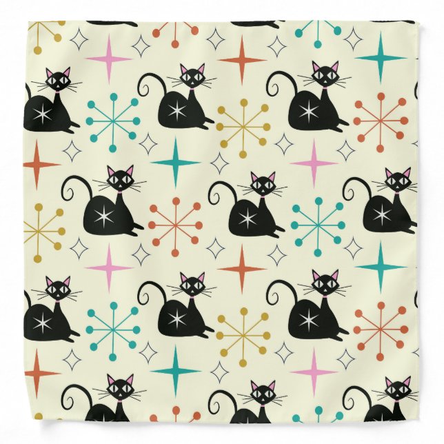 Mid Century Black Atomic Cat with Starbursts  Bandana (Front)
