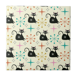 Mid Century Black Atomic Cat with Starbursts  Ceramic Tile