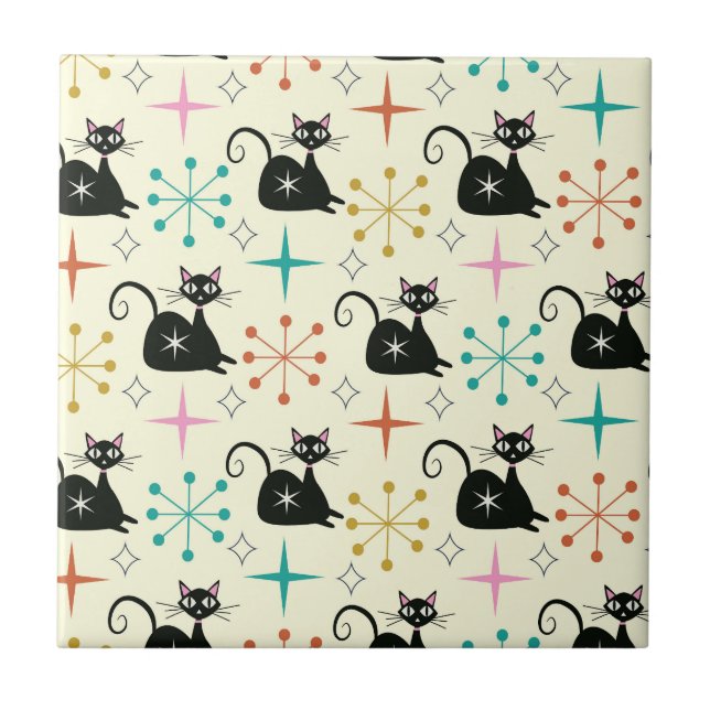 Mid Century Black Atomic Cat with Starbursts  Ceramic Tile (Front)