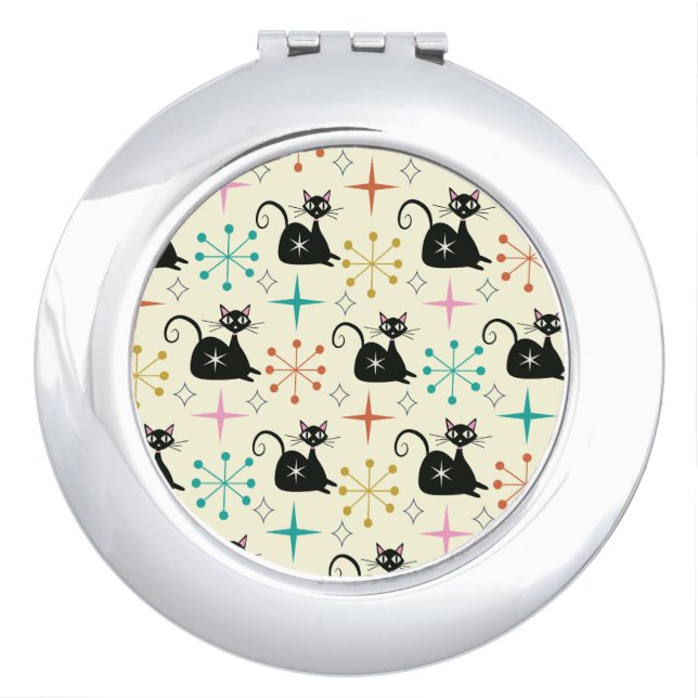 Mid Century Black Atomic Cat with Starbursts  Compact Mirror (Front)