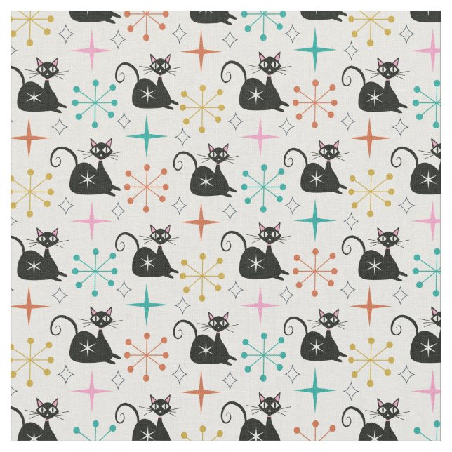 Mid Century Black Atomic Cat with Starbursts Fabric (Close Up)