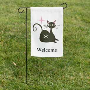 Mid Century Black Atomic Cat with Starbursts Garden Flag