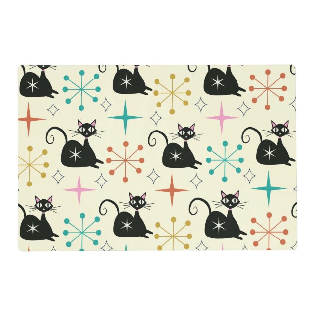 Mid Century Black Atomic Cat with Starbursts  Placemat (Front)