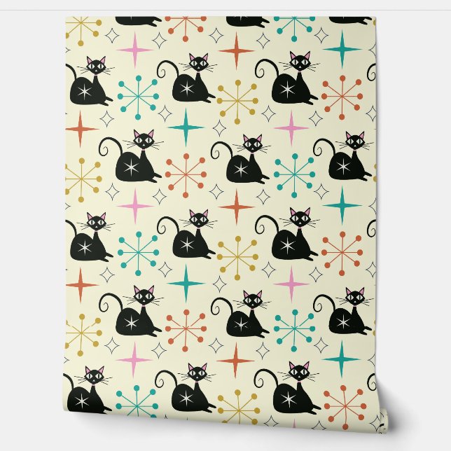 Mid Century Black Atomic Cat with Starbursts  Wallpaper (Unrolling)
