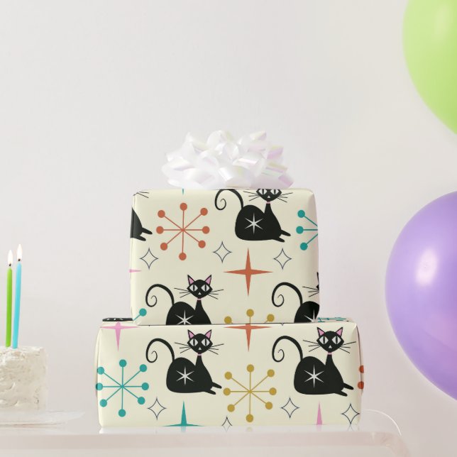 Mid Century Black Atomic Cat with Starbursts  Wrapping Paper (Party Gifts)