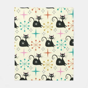 Mid Century Black Atomic Cats and Starbursts  Fleece Blanket