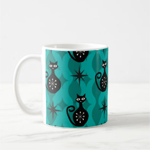 Mid Century Black Atomic Cats on Teal Ogee  Coffee Mug