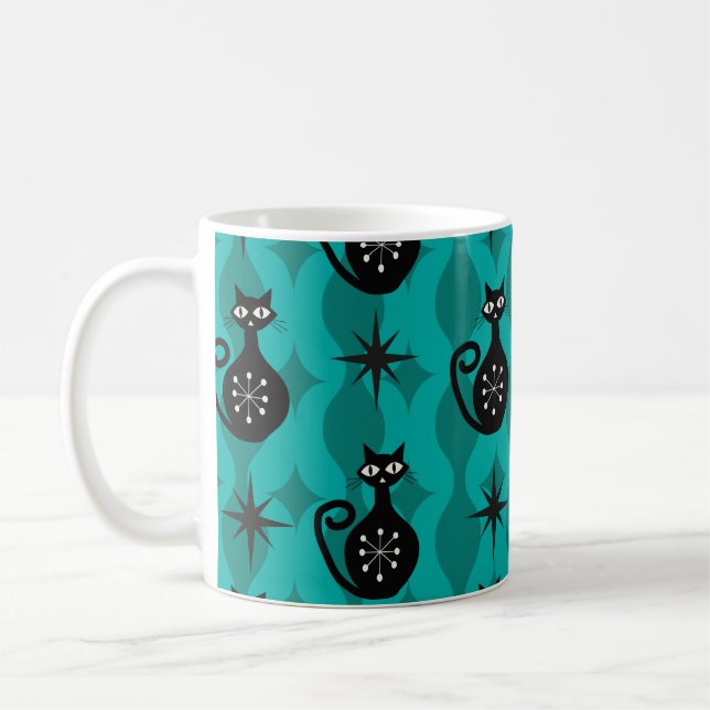 Mid Century Black Atomic Cats on Teal Ogee  Coffee Mug (Left)