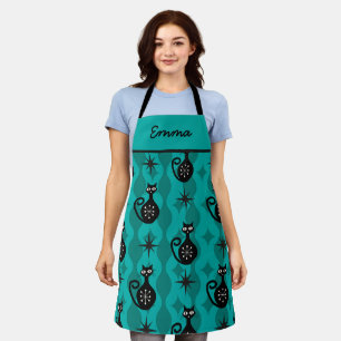 Mid Century Black Atomic Cats on Teal Ogee custom Apron