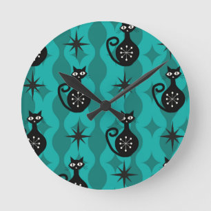 Mid Century Black Atomic Cats on Teal Ogee Round Clock