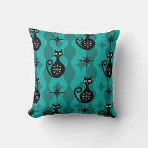 Mid Century Black Atomic Cats on Teal Ogee  Throw Pillow