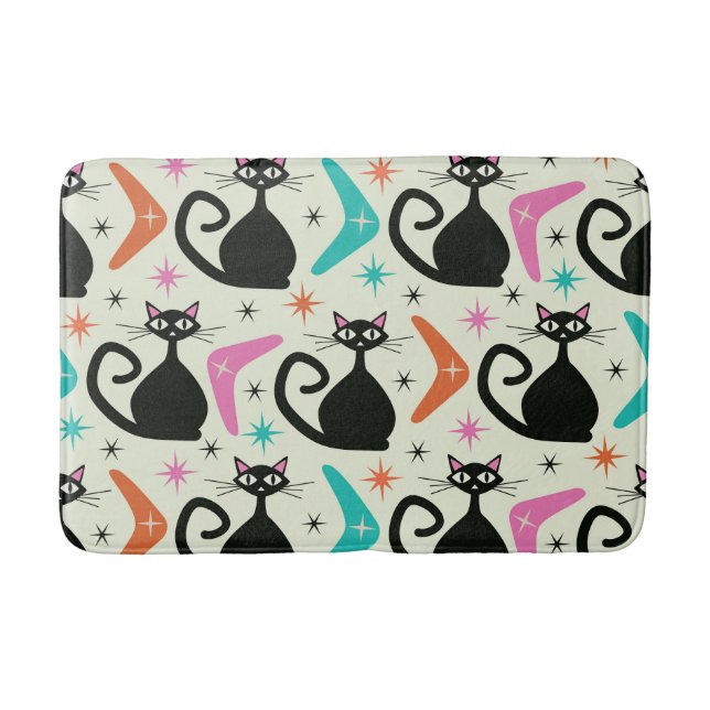 Mid Century Black Atomic Cats with Boomerangs  Bath Mat (Front)