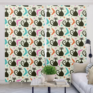 Mid Century Black Atomic Cats with Boomerangs  Blackout Curtains