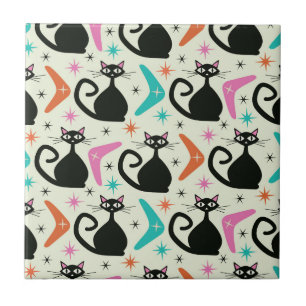 Mid Century Black Atomic Cats with Boomerangs  Ceramic Tile
