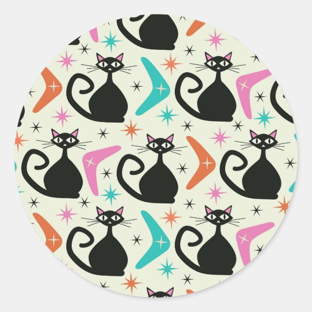 Mid Century Black Atomic Cats with Boomerangs  Classic Round Sticker (Front)